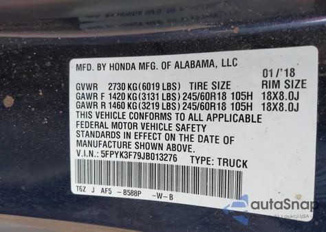 2018 Honda Ridgeline Rtl-E z USA, uszkodzony, nr VIN 5FPYK3F79JB013276